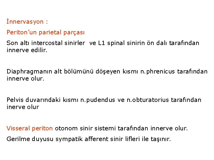 İnnervasyon : Periton’un parietal parçası Son altı intercostal sinirler ve L 1 spinal sinirin