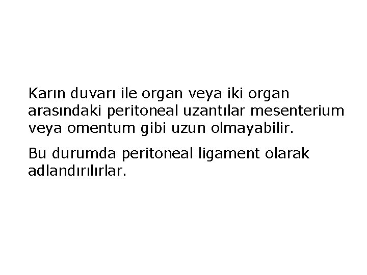 Karın duvarı ile organ veya iki organ arasındaki peritoneal uzantılar mesenterium veya omentum gibi