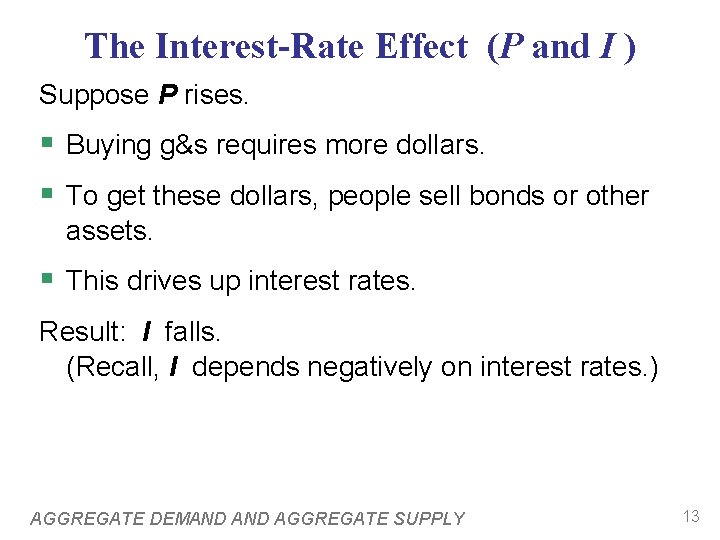The Interest-Rate Effect (P and I ) Suppose P rises. § Buying g&s requires