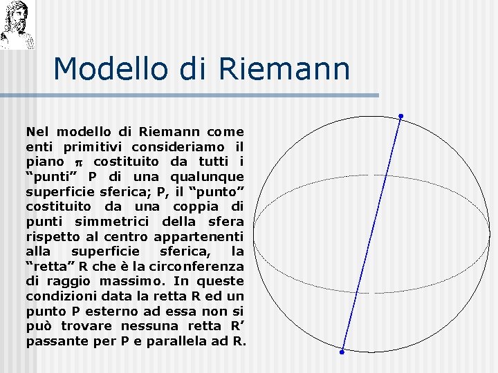 Modello di Riemann Nel modello di Riemann come enti primitivi consideriamo il piano costituito