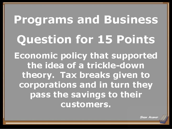 Programs and Business Question for 15 Points Economic policy that supported the idea of