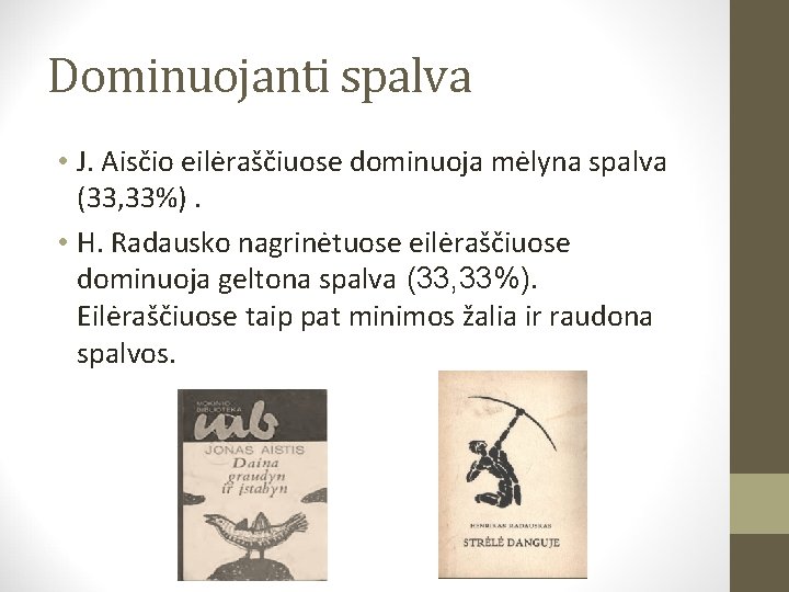 Dominuojanti spalva • J. Aisčio eilėraščiuose dominuoja mėlyna spalva (33, 33%). • H. Radausko