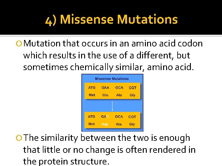 4) Missense Mutations Mutation that occurs in an amino acid codon which results in