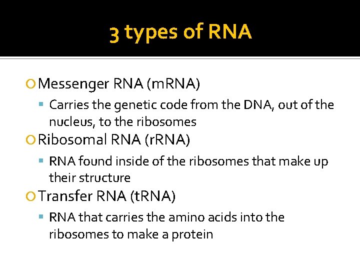 3 types of RNA Messenger RNA (m. RNA) Carries the genetic code from the