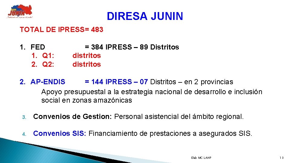 DIRESA JUNIN TOTAL DE IPRESS= 483 1. FED = 384 IPRESS – 89 Distritos
