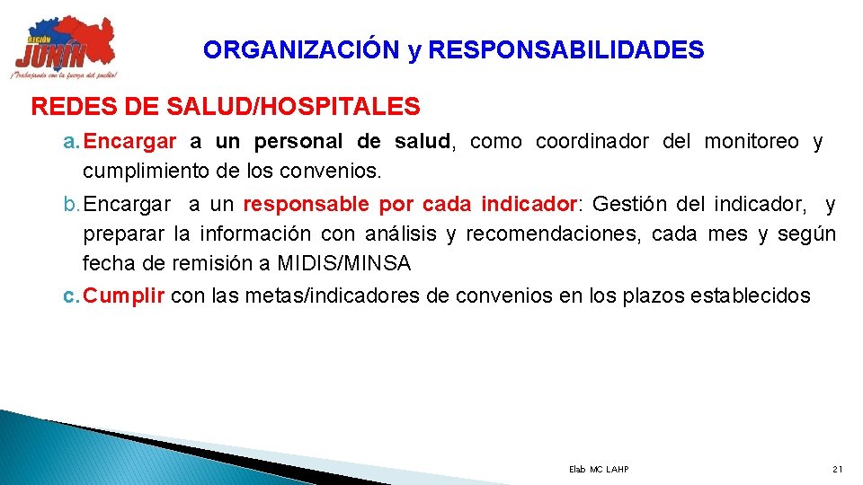 ORGANIZACIÓN y RESPONSABILIDADES REDES DE SALUD/HOSPITALES a. Encargar a un personal de salud, como