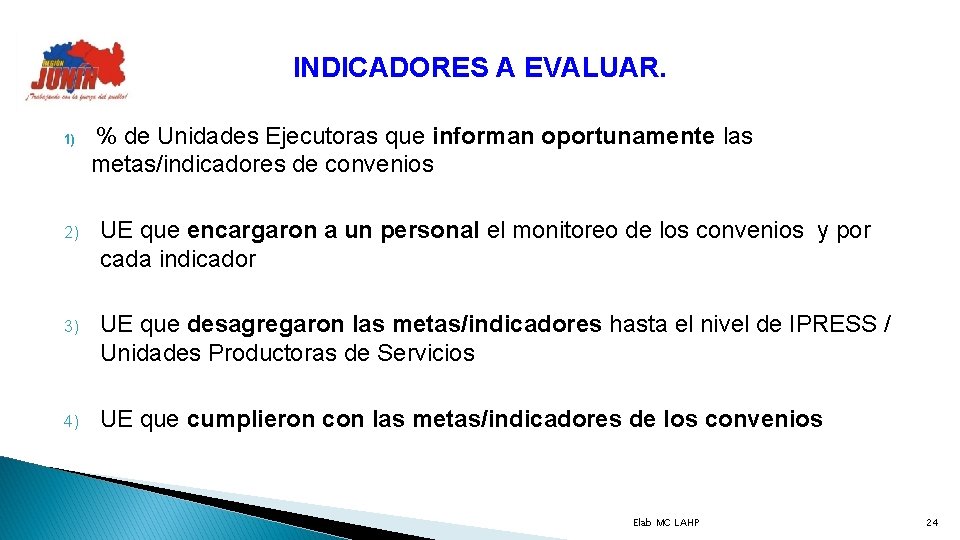 INDICADORES A EVALUAR. 1) % de Unidades Ejecutoras que informan oportunamente las metas/indicadores de