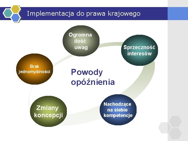 Implementacja do prawa krajowego Ogromna ilość uwag Brak jednomyślności Zmiany koncepcji Sprzeczność interesów Powody