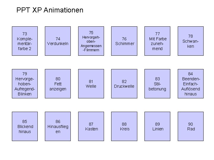 PPT XP Animationen 73 Komplementärfarbe 2 75 74 Verdunkeln Hervorgehoben. Angemessen -Flimmern 76 Schimmer