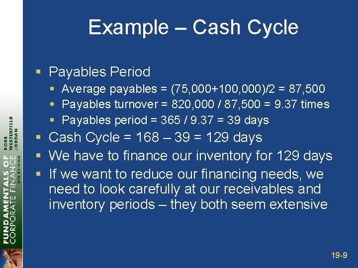 Example – Cash Cycle § Payables Period § Average payables = (75, 000+100, 000)/2