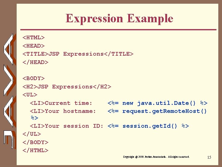 Expression Example <HTML> <HEAD> <TITLE>JSP Expressions</TITLE> </HEAD> <BODY> <H 2>JSP Expressions</H 2> <UL> <LI>Current