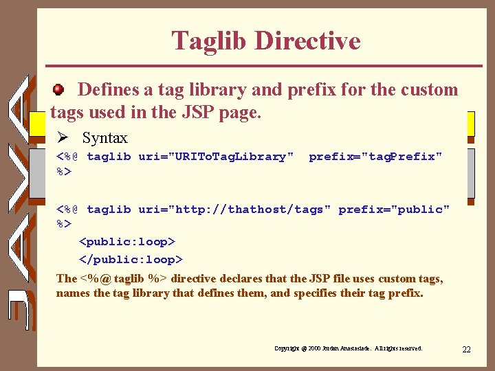 Taglib Directive Defines a tag library and prefix for the custom tags used in