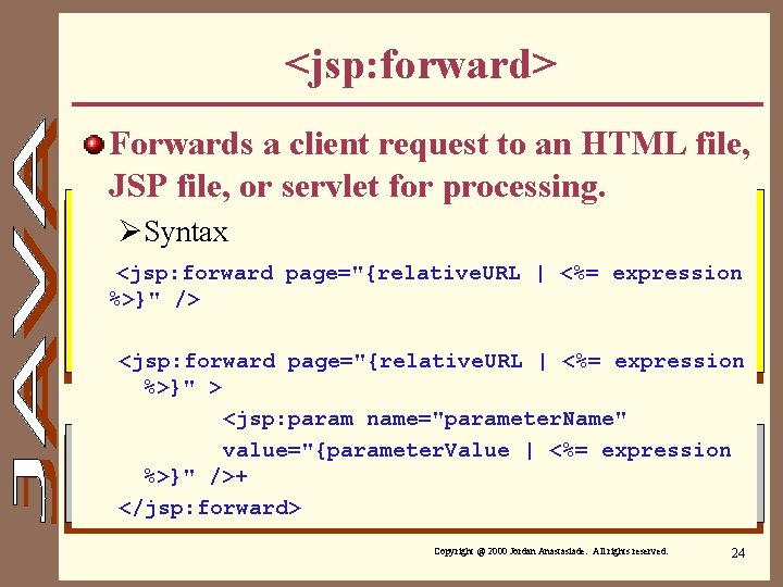 <jsp: forward> Forwards a client request to an HTML file, JSP file, or servlet