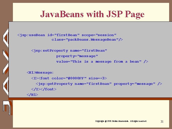 Java. Beans with JSP Page <jsp: use. Bean id="first. Bean" scope="session" class="pack. Beans. Message.