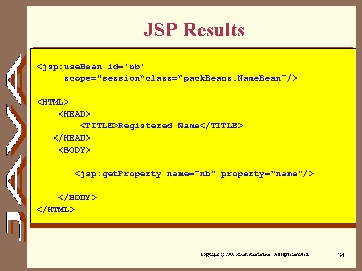 JSP Results <jsp: use. Bean id='nb' scope="session“class=“pack. Beans. Name. Bean"/> <HTML> <HEAD> <TITLE>Registered Name</TITLE>