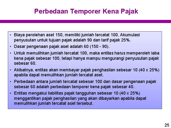 Perbedaan Temporer Kena Pajak • Biaya perolehan aset 150, memiliki jumlah tercatat 100. Akumulasi Perbedaan Temporer Kena Pajak • Biaya perolehan aset 150, memiliki jumlah tercatat 100. Akumulasi