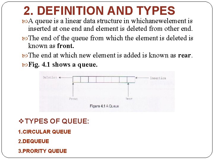 2. DEFINITION AND TYPES A queue is a linear data structure in whichanewelement is