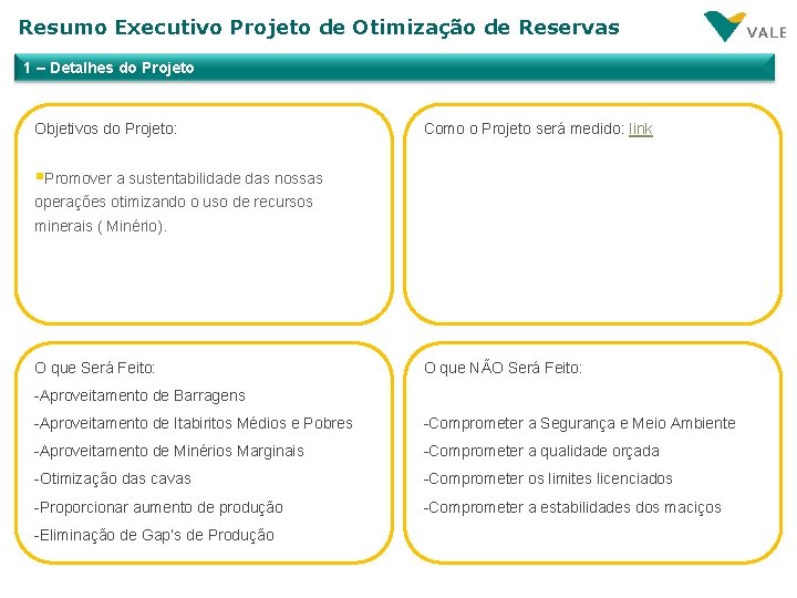 Resumo Executivo Projeto de Otimização de Reservas 1 – Detalhes do Projeto Objetivos do