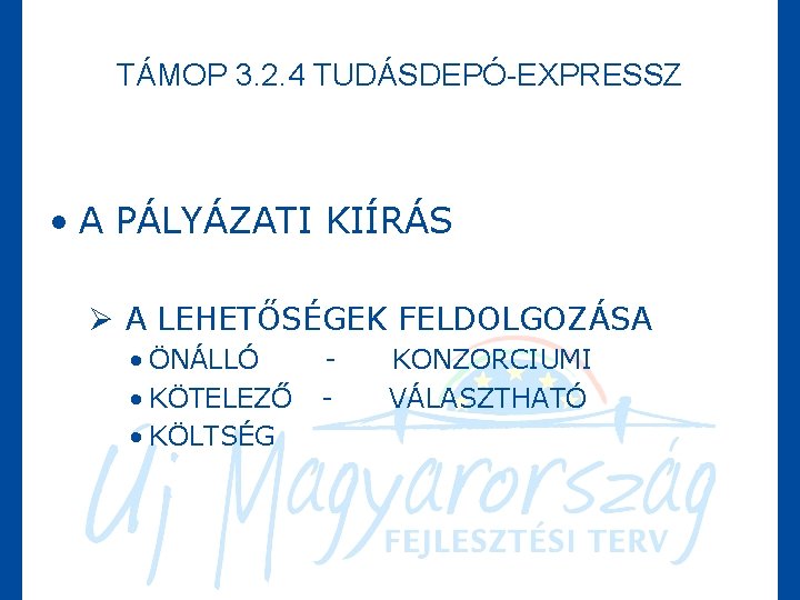 TÁMOP 3. 2. 4 TUDÁSDEPÓ-EXPRESSZ • A PÁLYÁZATI KIÍRÁS Ø A LEHETŐSÉGEK FELDOLGOZÁSA •