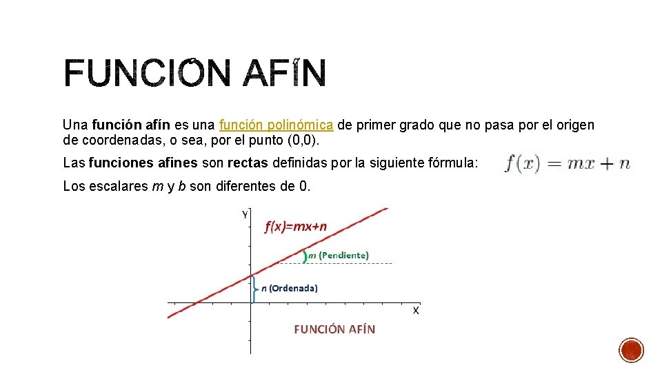 Una función afín es una función polinómica de primer grado que no pasa por