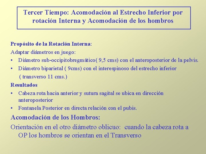 Tercer Tiempo: Acomodación al Estrecho Inferior por rotación Interna y Acomodación de los hombros Tercer Tiempo: Acomodación al Estrecho Inferior por rotación Interna y Acomodación de los hombros