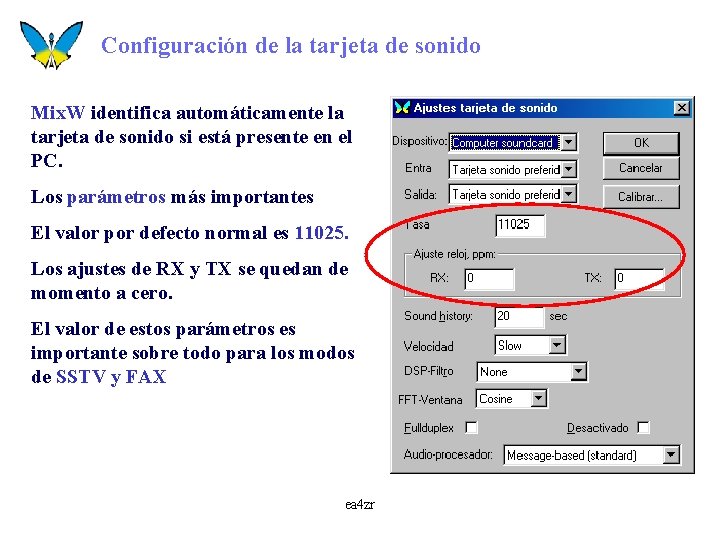 Configuración de la tarjeta de sonido Mix. W identifica automáticamente la tarjeta de sonido