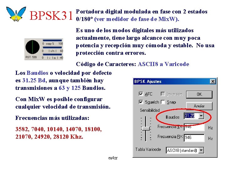 BPSK 31 Portadora digital modulada en fase con 2 estados 0/180º (ver medidor de