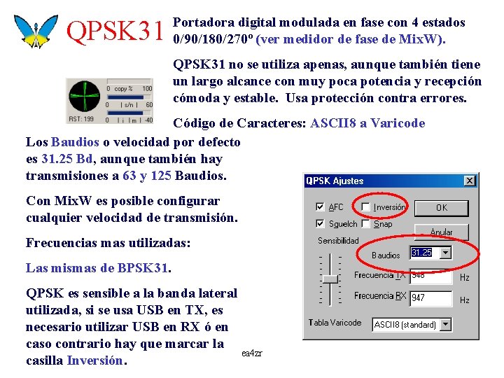 QPSK 31 Portadora digital modulada en fase con 4 estados 0/90/180/270º (ver medidor de