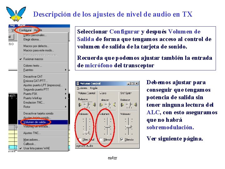 Descripción de los ajustes de nivel de audio en TX Seleccionar Configurar y después