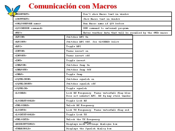 Comunicación con Macros <HIDETEXT> Don't show Macro text in window <SHOWTEXT> Show Macro text
