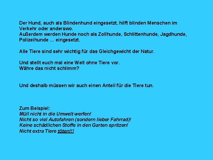 Der Hund, auch als Blindenhund eingesetzt, hilft blinden Menschen im Verkehr oder anderswo. Außerdem