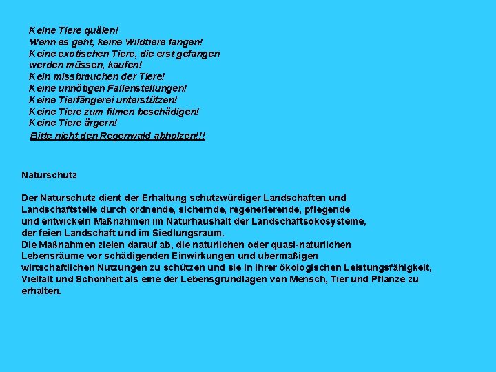 Keine Tiere quälen! Wenn es geht, keine Wildtiere fangen! Keine exotischen Tiere, die erst