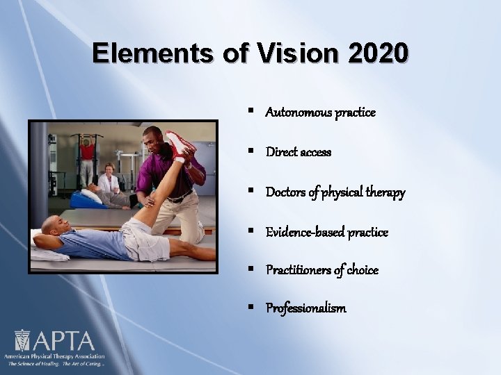 Elements of Vision 2020 § Autonomous practice § Direct access § Doctors of physical