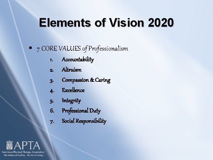 Elements of Vision 2020 § 7 CORE VALUES of Professionalism 1. 2. 3. 4.
