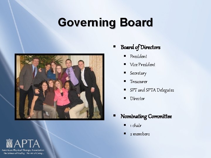 Governing Board § Board of Directors § § § President Vice President Secretary Treasurer