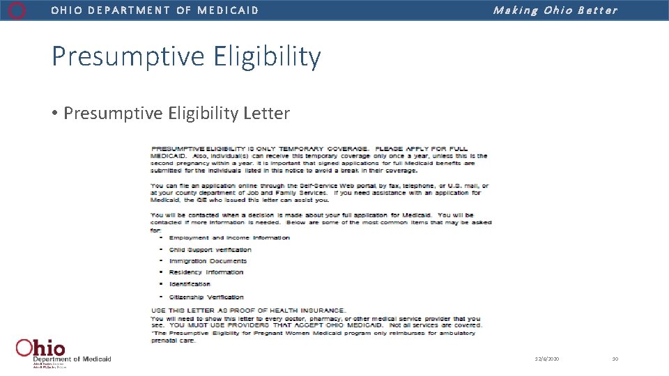 OHIO DEPARTMENT OF MEDICAID Making Ohio Better Presumptive Eligibility • Presumptive Eligibility Letter 12/6/2020