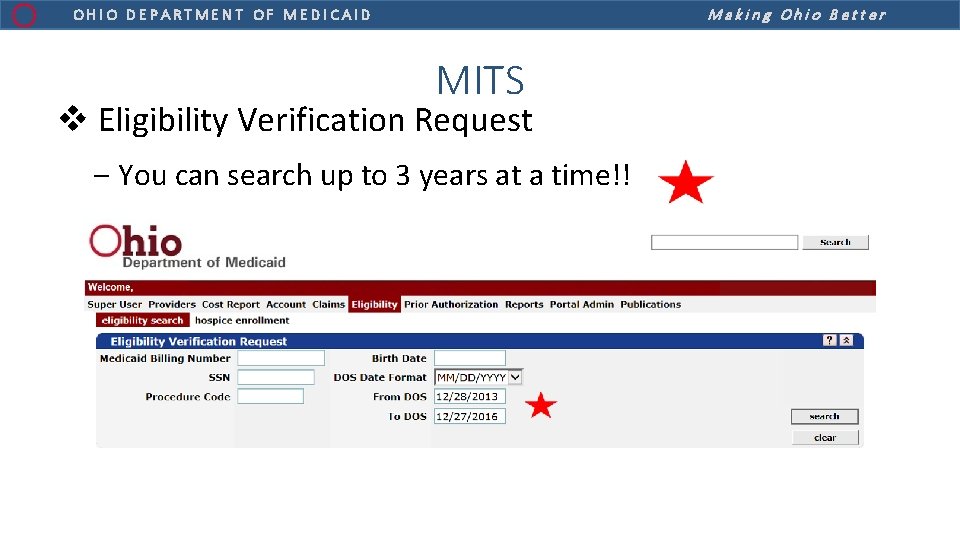 Making Ohio Better OHIO DEPARTMENT OF MEDICAID MITS v Eligibility Verification Request ‒ You