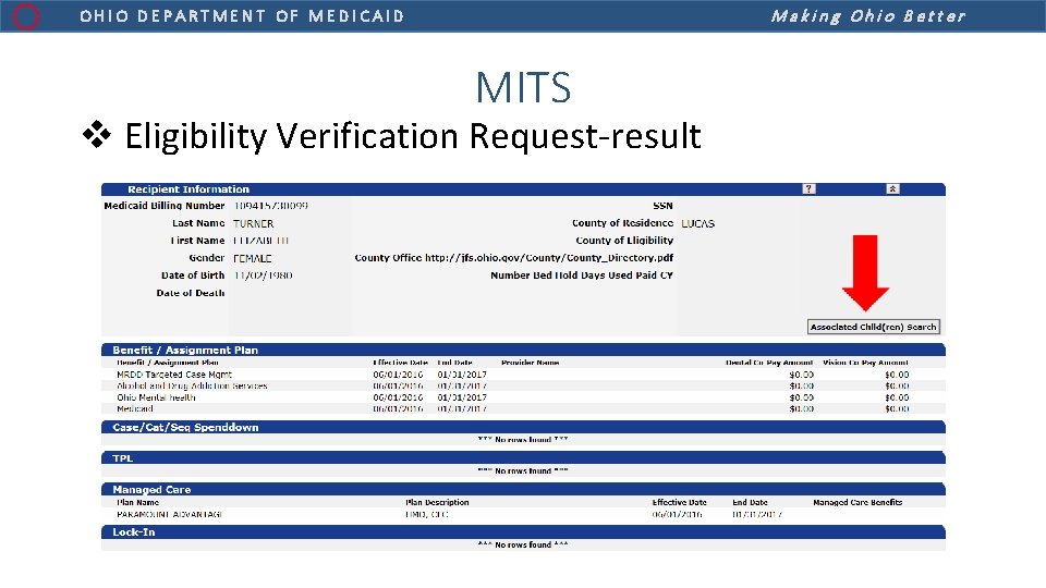 Making Ohio Better OHIO DEPARTMENT OF MEDICAID MITS v Eligibility Verification Request-result 