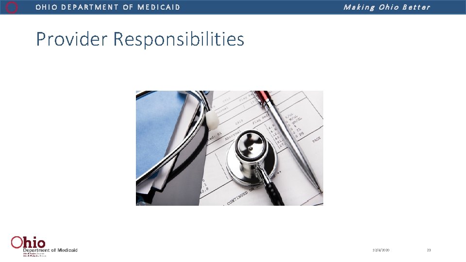 OHIO DEPARTMENT OF MEDICAID Making Ohio Better Provider Responsibilities 12/6/2020 23 