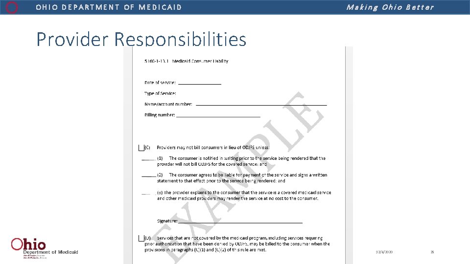 OHIO DEPARTMENT OF MEDICAID Making Ohio Better Provider Responsibilities 12/6/2020 25 