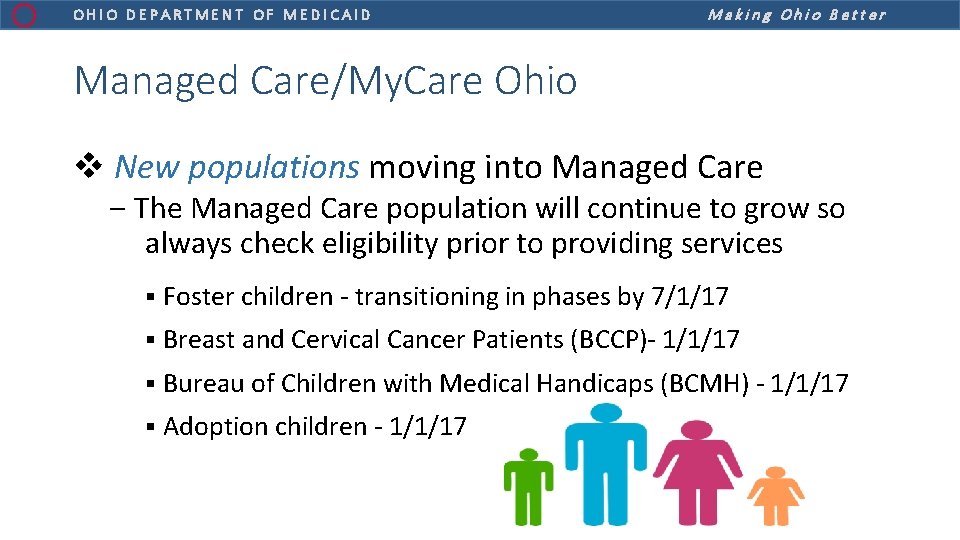 OHIO DEPARTMENT OF MEDICAID Making Ohio Better Managed Care/My. Care Ohio v New populations