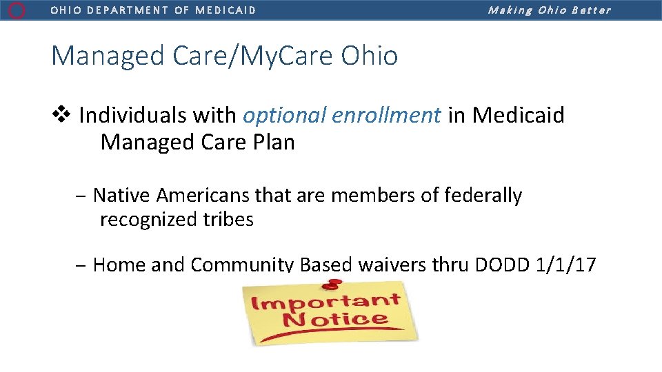 OHIO DEPARTMENT OF MEDICAID Making Ohio Better Managed Care/My. Care Ohio v Individuals with