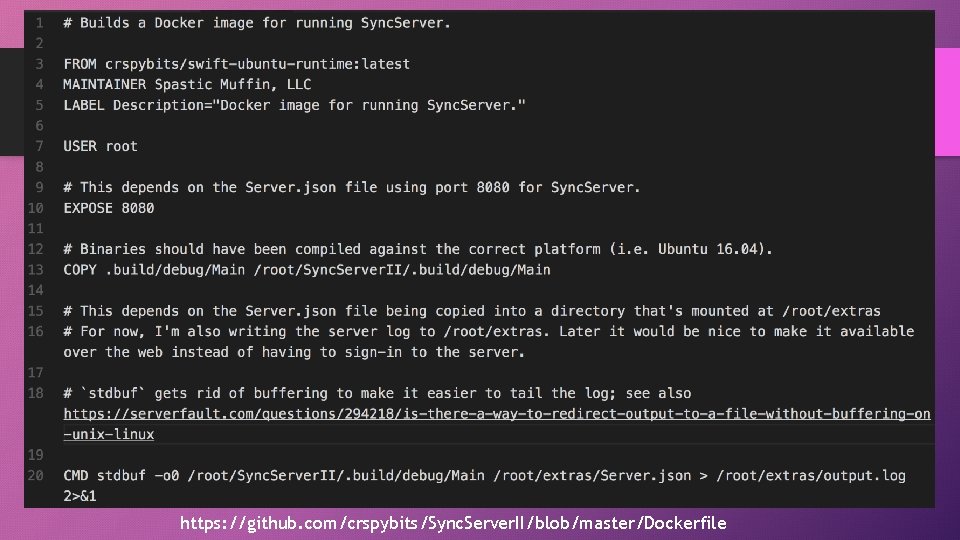 https: //github. com/crspybits/Sync. Server. II/blob/master/Dockerfile 