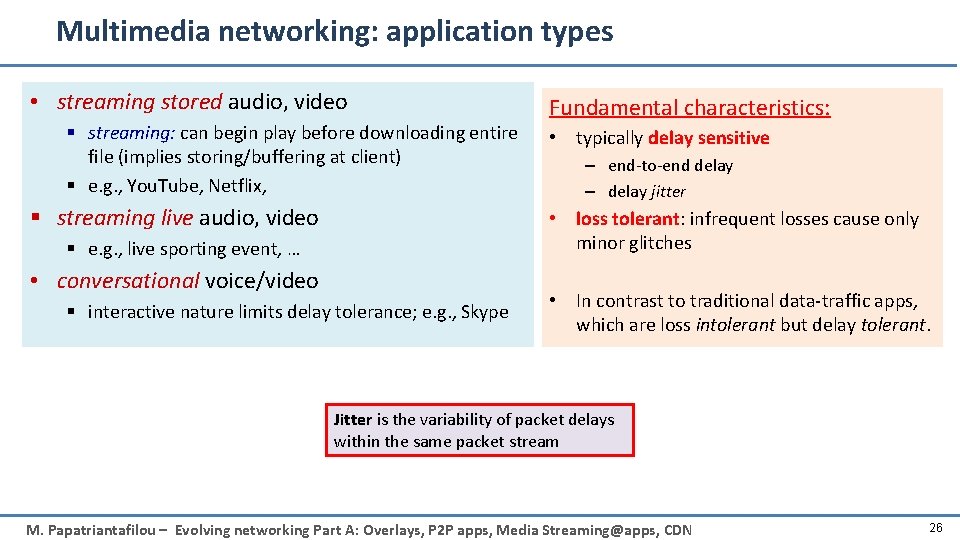 Multimedia networking: application types • streaming stored audio, video § streaming: can begin play
