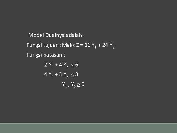  Model Dualnya adalah: Fungsi tujuan : Maks Z = 16 Y 1 +