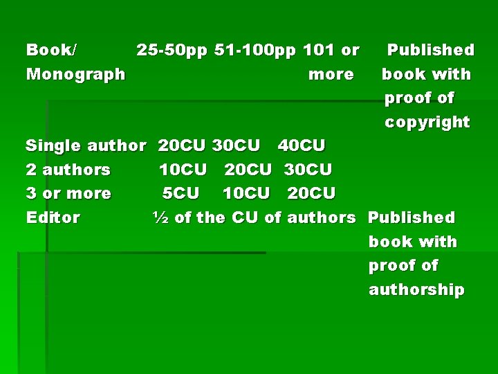 Book/ 25 -50 pp 51 -100 pp 101 or Monograph more Published book with
