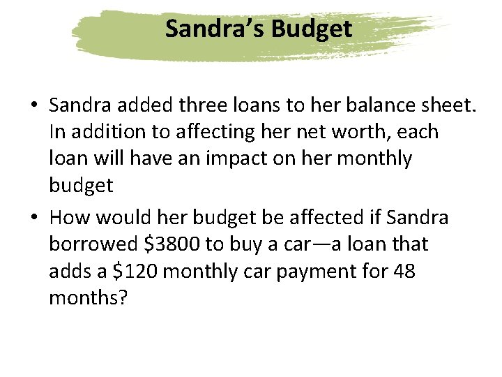 Sandra’s Budget • Sandra added three loans to her balance sheet. In addition to