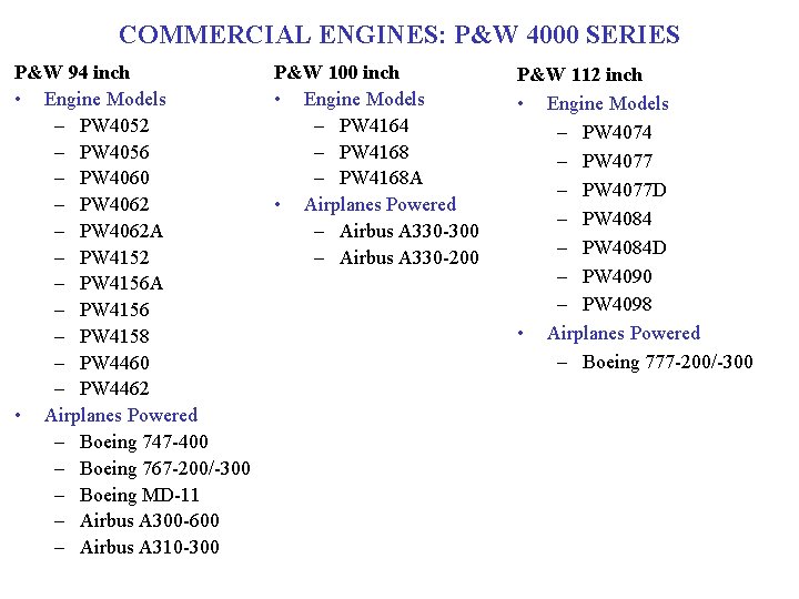 COMMERCIAL ENGINES: P&W 4000 SERIES P&W 94 inch • Engine Models – PW 4052