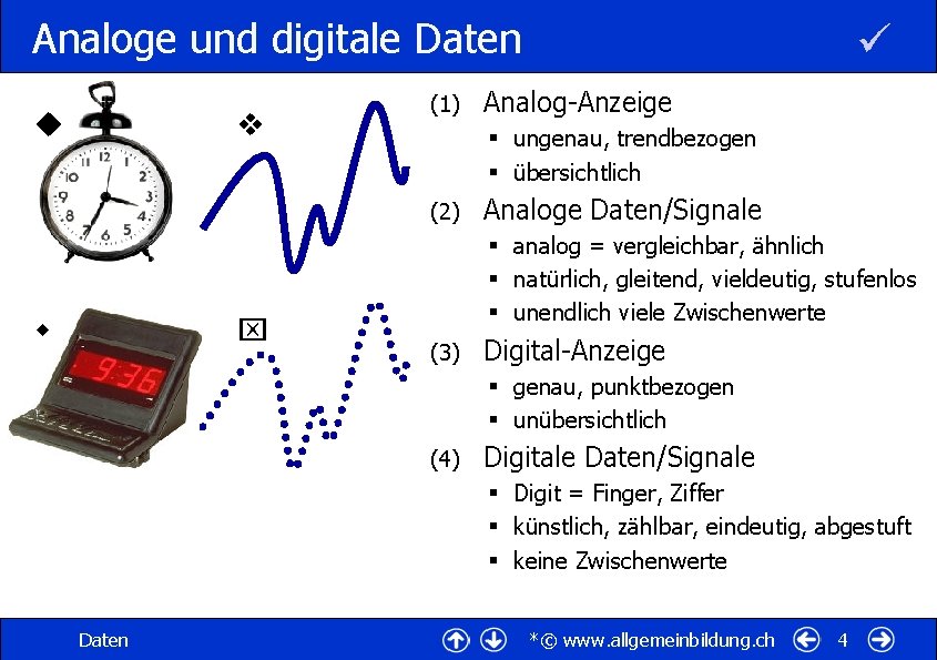 Analoge und digitale Daten (1) Analog-Anzeige § ungenau, trendbezogen § übersichtlich (2) Analoge Daten/Signale