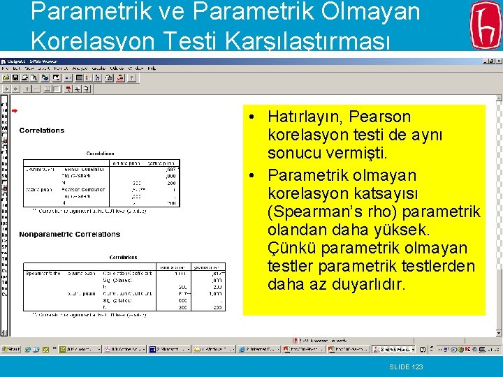 Parametrik ve Parametrik Olmayan Korelasyon Testi Karşılaştırması • Hatırlayın, Pearson korelasyon testi de aynı